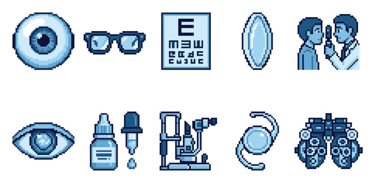 Collection of pixel art icons representing eye care, including an eyeball, glasses, eye chart, lens, doctor examining patient, and equipment in blue hues.