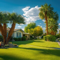 Fototapeta premium Lush green lawn extends before a residential dwelling shaded by tall palm trees under a bright blue sky