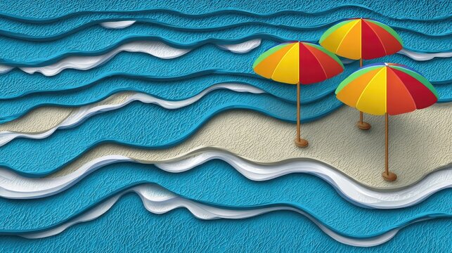 Brightly colored sunshades rest upon a textured sandy shore bordered by stylized ocean waves