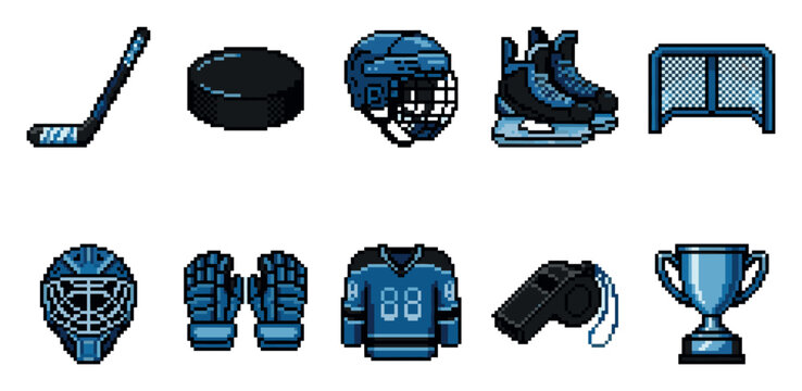 A collection of pixel art icons representing various ice hockey equipment, including a stick, puck, helmet, skates, net, mask, gloves, jersey, whistle, and trophy.