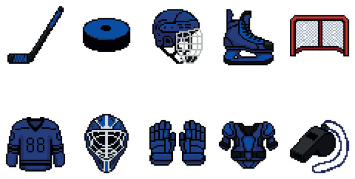 A collection of pixel art hockey equipment including a stick, puck, helmet, skates, net, jersey, mask, gloves, pads, and whistle in blue and red.