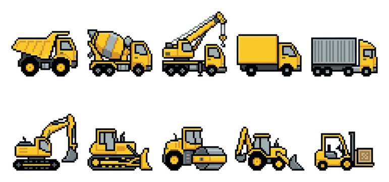 A collection of pixel art illustrations featuring various yellow construction and logistics vehicles, including dump trucks, concrete mixers, cranes, lorries, and forklifts, on a white background.