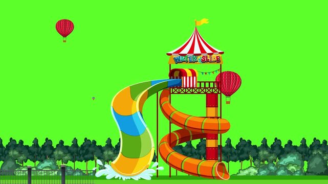 Animated Water Slide Park with Hot Air Balloons on Green Screen