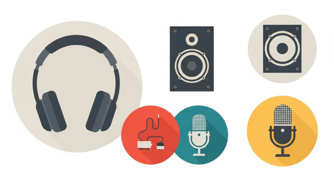 Audio equipment icons including headphones speakers and microphone.