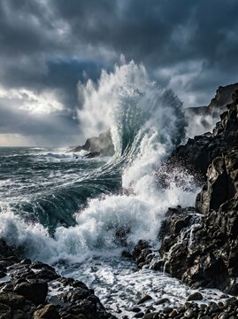 Powerful Ocean Wave Crashing Against Dark Rocky Cliffs