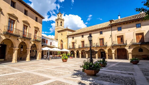 Historic Plaza Mayor In Alcaraz Spain Stone Arcade Buildings A Bell Tower And Outdoor Cafe Under A Bright Blue Summer