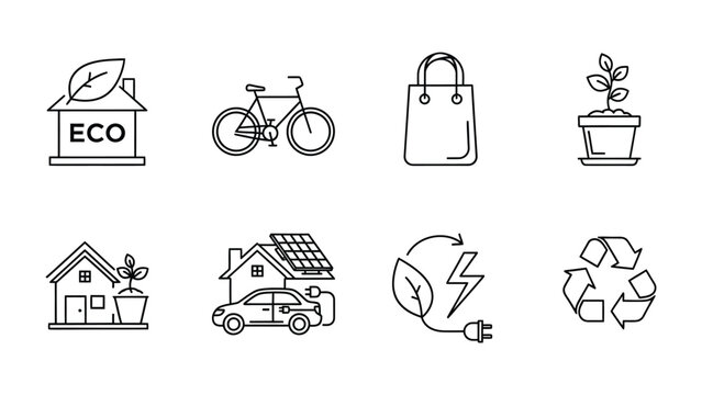 Eco-Friendly Icons: A collection of minimalist line icons representing sustainability, environmental protection, and a greener lifestyle. 