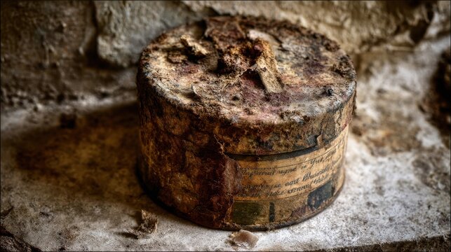A heavily rusted and dented metal tin can with peeling labels sits on a textured stone surface.