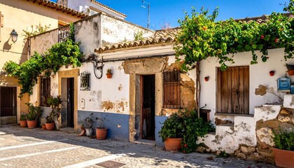 Fototapeta premium Old Mediterranean Village House With White Washed Walls And Blue Accents Rustic Wooden Shutters And Green Climbing Vines On A Sunny Day