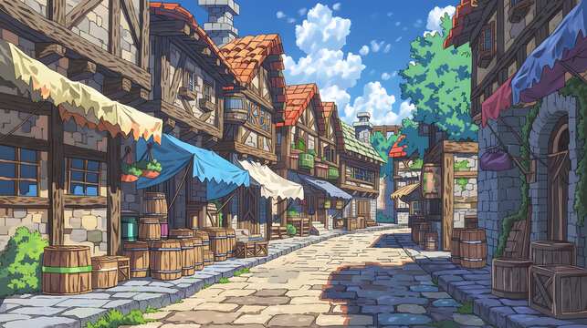 Charming Medieval Village Streetscape with Cobblestone Pathways and Wooden Architecture, Filled with Colorful Market Stalls and Inviting Atmosphere Under a Bright Blue Sky