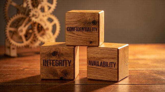 Information security concept with wooden blocks displaying confidentiality integrity availability on a rustic table