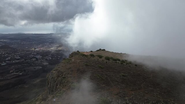 Panorama of Tenerife volcanic mountain valley from the peak of Mount Roque del Conde