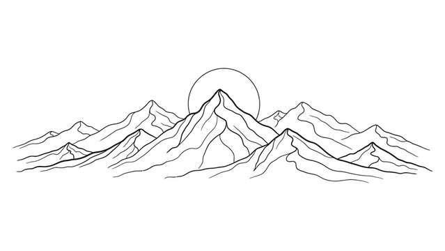 Minimalist Line Art Mountain Range with Sun Illustration.