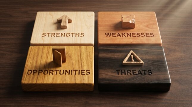 SWOT analysis concept represented by carved wooden blocks for strengths weaknesses opportunities and threats on a dark table