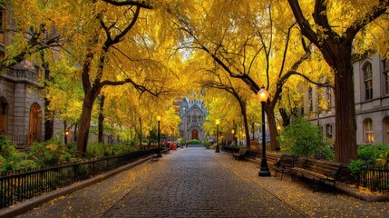 Fototapeta premium Golden Autumn Avenue Lined with Ancient Trees Leading to a Grand Building.