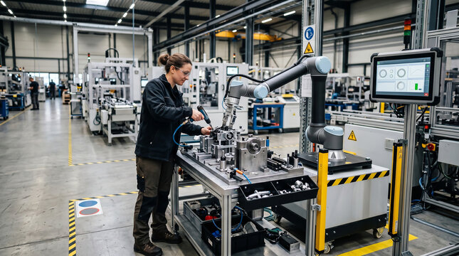 Female technician inspecting electronic circuit board with collaborative robot in smart factory. Human robot collaboration, industrial automation, electronics manufacturing, engineering, Industry 4.0