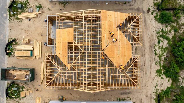 Aerial view of construction workers installing wooden roof trusses and plywood sheathing on a new residential house frame during a sunny day