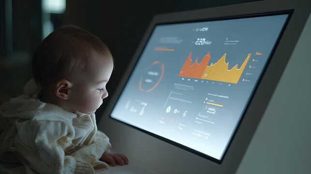 A baby in a white outfit looks at a large screen displaying a graph and data visualizations in a dark room with blurred background