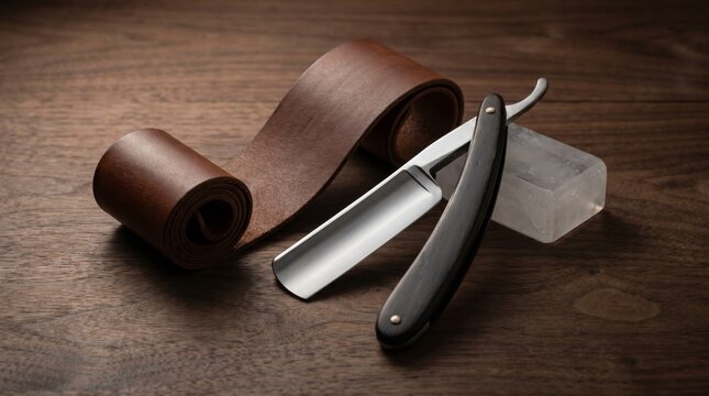 Straight razor with a wooden handle, leather strop, and honing stone on a wooden surface, showcasing traditional shaving tools for grooming enthusiasts