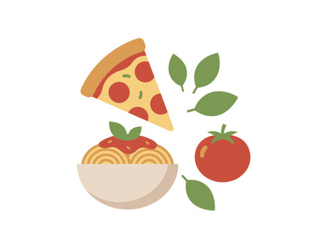 Flat vector illustration of Italian food including pizza slice spaghetti and fresh tomatoes with basil leaves.