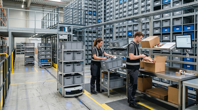 Female warehouse worker with robotic arm, conveyor belt, and autonomous robots in a modern smart warehouse. Industrial automation, logistics technology, e-commerce fulfillment, packaging.