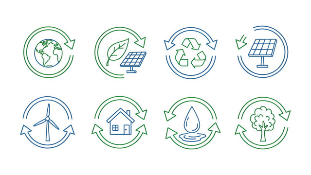 Green Circularity Icons: A collection of meticulously crafted icons illustrating the core tenets of environmental sustainability, showcasing concepts such as recycling, renewable energy.