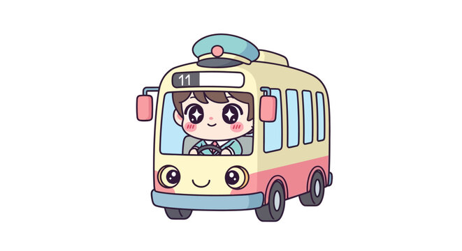 Cartoon bus with smiling driver inside.