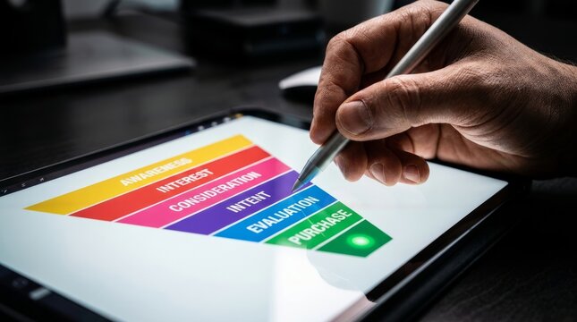 Businessman Hand Using Digital Tablet with Colorful Funnel Chart for Marketing Strategy