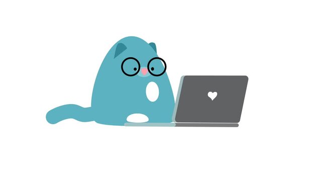 Cute cartoon blue cat in glasses working on laptop, funny character sitting at computer,  4k animation