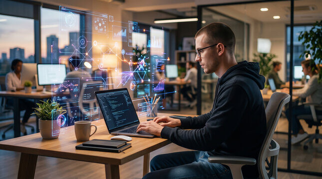 Software developer coding on laptop with holographic data interface in modern office. Artificial intelligence, programming, data analytics, digital innovation, and technology workspace concept.
