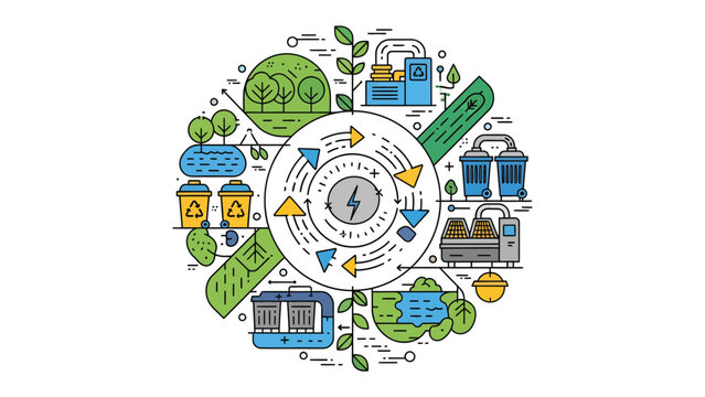 Circular Ecology: An illustration showcasing the cyclical nature of ecological processes, encompassing various elements of environmental sustainability and renewable energy.