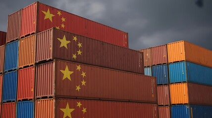 Fototapeta premium Stacked shipping containers, China flag design, cargo shipping, logistics background