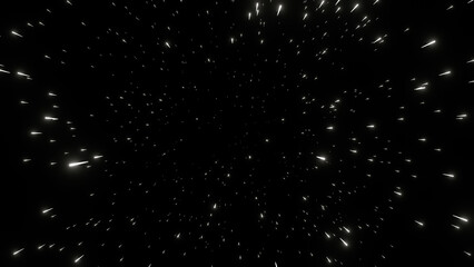 Fototapeta premium White stars flying towards the camera on a black background creating a warp speed effect