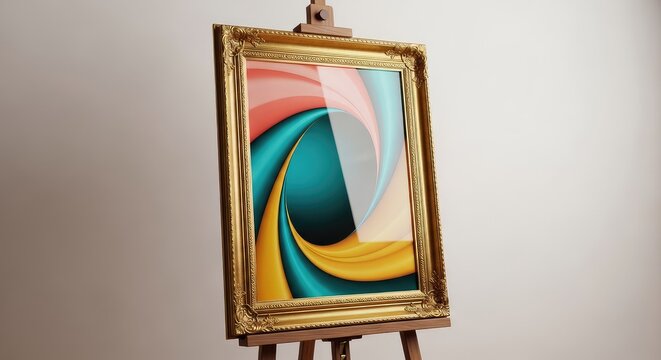 Elegant ornate gold poster frame stands vertically on a wooden easel against a soft white wall, perfect for a wedding seating chart mockup, floral, paper, seating chart