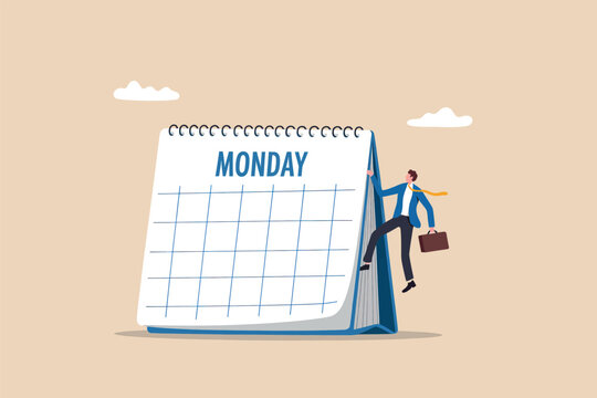 Businessman climbing a giant calendar page labeled monday vector cartoon illustration isolated on transparent background