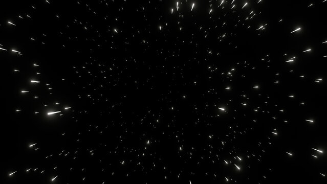 White stars flying towards the camera on a black background creating a warp speed effect