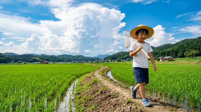 Japanese boy walking along rice field path with insect net under blue summer sky