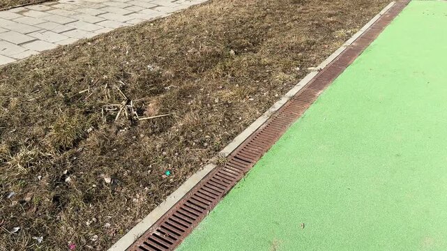 Closeup sports field drainage grate showing rusted iron slots, debris lodged along turf edge, concrete border, textured artificial.