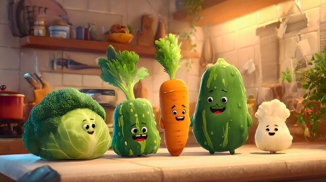 Smiling cartoon vegetables and garlic on kitchen countertop with faces happy healthy food concept