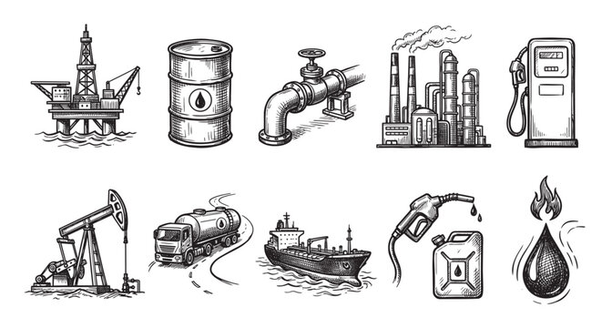 This illustration features a collection of hand-drawn icons representing various aspects of the oil industry, including offshore drilling, storage, pipelines, refining, fuel pumps, transportation.