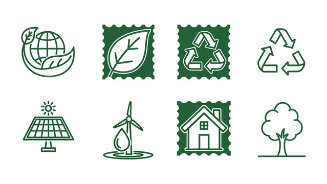 Eco-Friendly Stamp Collection: A set of eight meticulously designed stamps, each a potent symbol of environmental consciousness, including the earth with leaves, a lone leaf, recycling symbol.