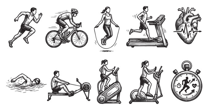 A collection of hand-drawn black and white icons representing various fitness activities including running, cycling, jumping rope, swimming, and gym equipment.