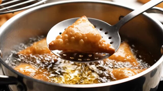 Samosas deep frying in bubbling hot oil in a metal pot