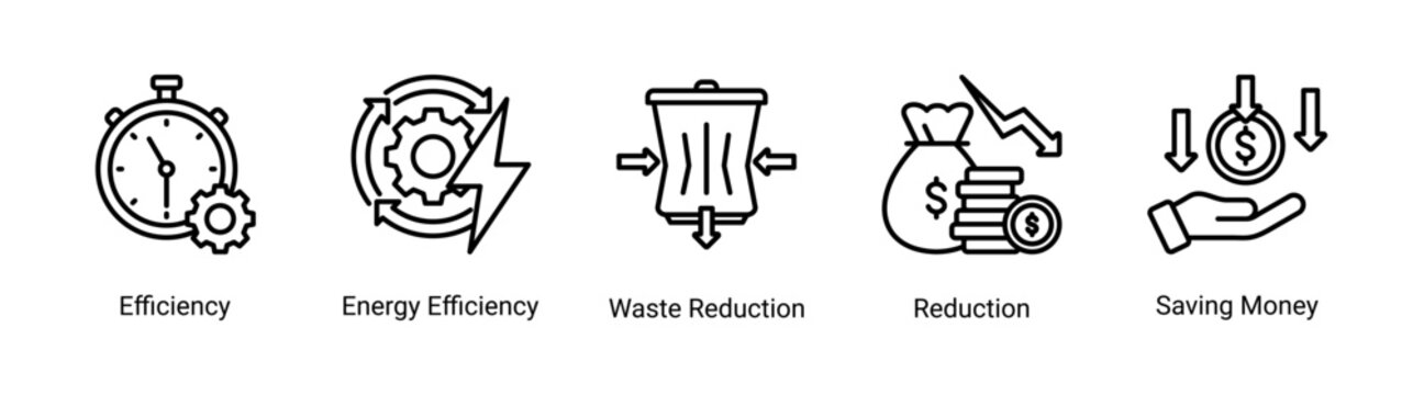 Kaizen efficiency icon set featuring cost reduction,energy efficiency,and lean management.Icon set for lean operations,cost saving,and efficiency improvement in business and industry.