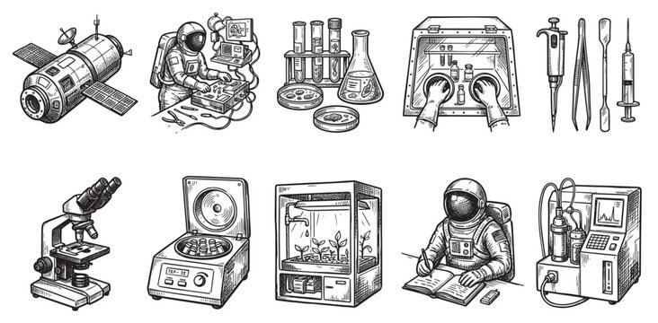 Hand drawn collection of scientific instruments and space exploration tools, featuring an astronaut in a lab coat and a spacesuit, for research and development concepts.
