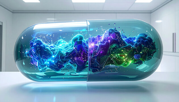 Molecular Medicine: A captivating macro view of a pill, the transparent capsule encasing a vibrant cosmos of molecular structures, signaling the essence of scientific innovation.