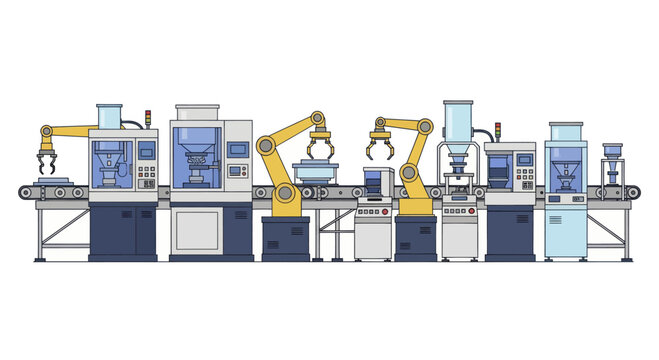 Automated Production Line with Robotic Arms and Conveyor Belt System.