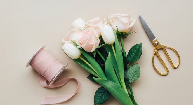 Top view of a beautiful bouquet of pink roses and white tulips with a spool of ribbon and gold scissors on a beige background