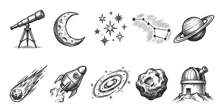 A collection of black and white hand-drawn icons representing space and astronomy, including a telescope, moon, stars, rocket, planets, and observatory.