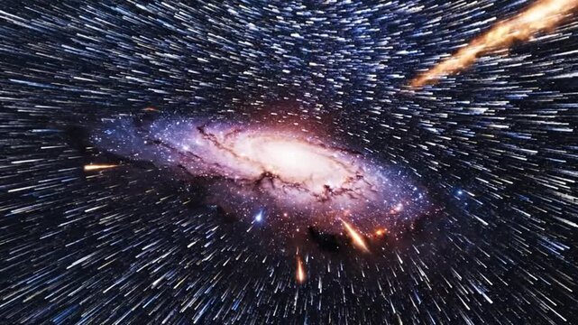 Warp speed journey through deep space towards a glowing spiral galaxy